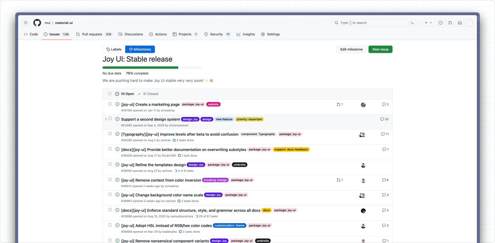 A screenshot from GitHub of the Joy UI stable release milestone.
